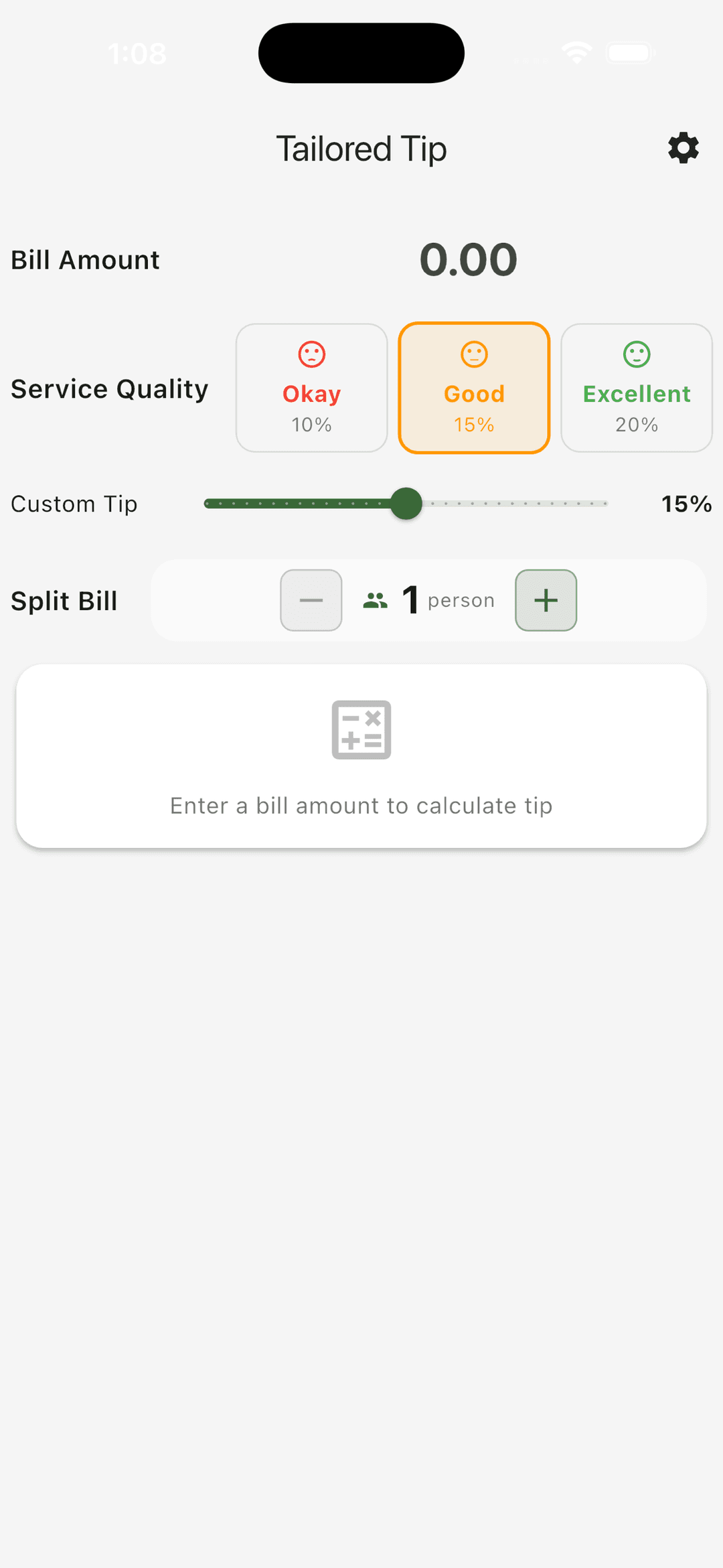 Tailored Tip app showing tip calculation